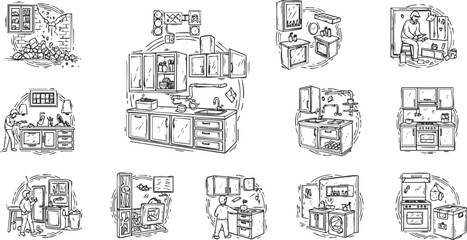 Obraz premium A collection of kitchen illustrations featuring various appliances, furniture, and cooking elements in minimalist outline vector style, suitable for interior design projects