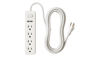 White power strip with braided extension cord and USB charging ports isolated on clean studio background