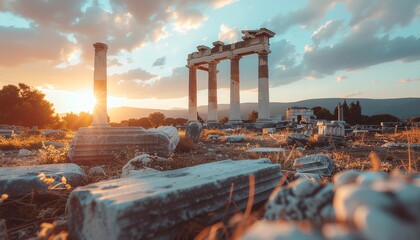 Ancient ruins with standing columns and fallen stones under a vibrant sunset sky.