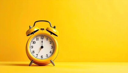 Retro Yellow Alarm Clock With Twin Bells And Twin Legs Set Against A Plain Yellow Background In Bright Studio Lighting
