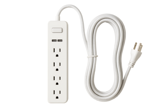 White power strip with braided extension cord and USB charging ports isolated on clean studio background