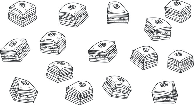 A pattern of hand-drawn baklava pastries in black and white outline vector style, perfect for dessert-themed designs