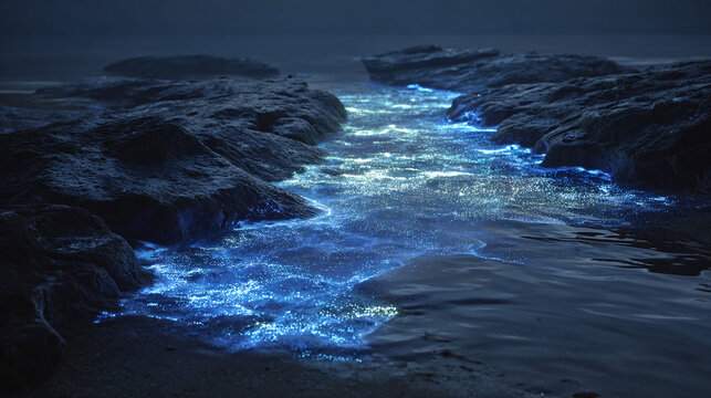 Glowing bioluminescence illuminating a coastal river at night, creating an ethereal spectacle