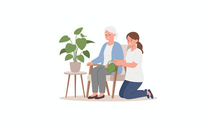 Caregiver assists smiling senior woman with watering a houseplant Home healthcare illustration