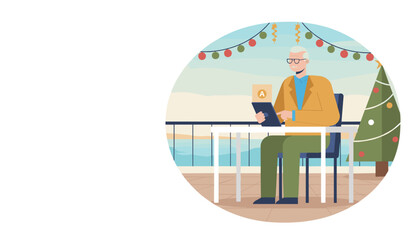 Senior man struggling with digital tablet on a festive tropical balcony during Christmas vacation Flat vector