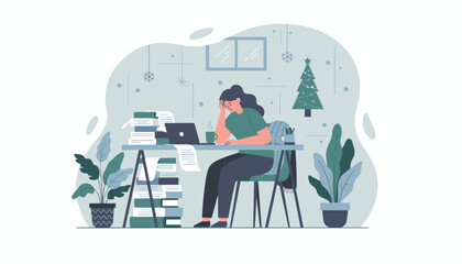 Burnout during holidays Woman stressed by workload documents and laptop at her desk