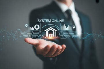 Businessman presenting digital system with house icon and charts suit hand