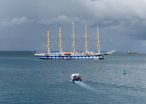 Royal Clipper is a steel-hulled five-masted fully rigged tall ship used as a cruise ship by Star Clippers. Largest "true sailing ship" built since Preussen. With tender.