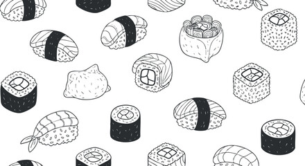 A collection of various sushi types including rolls and nigiri in black and white outline vector style, perfect for food menus and restaurant branding