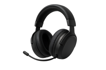 Black over ear gaming headset with attached boom microphone isolated on dark background, immersive audio equipment
