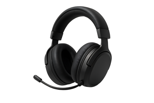 Black over ear gaming headset with attached boom microphone isolated on dark background, immersive audio equipment