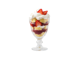 Delicious trifle dessert. Sponge cake, strawberries, jam, and whipped cream on a white wooden table, close-up.

