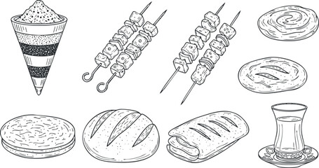 A collection of various food items including a cone dessert, kebabs, pastries, and a beverage in outline vector style, ideal for menu design or culinary projects
