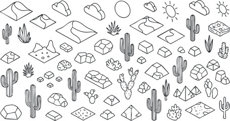 A collection of desert-themed elements including cacti, rocks, and landscapes in black and white outline vector style, perfect for nature-related projects