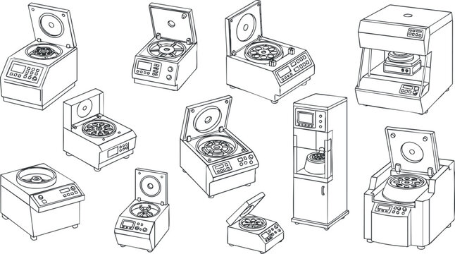 A collection of various kitchen machines and appliances in clean outline vector style, ideal for culinary design projects