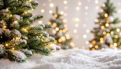 Christmas winter blurred background. Xmas tree with snow decorated with garland lights, holiday festive background