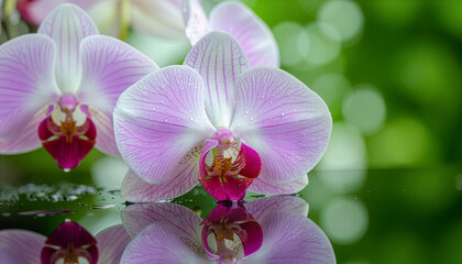 Naklejka premium Pink orchid resting gracefully with serene water reflection. Soft orchid bloom mirrored on calm reflective surface. Elegant pink orchid floating in peaceful green ambiance