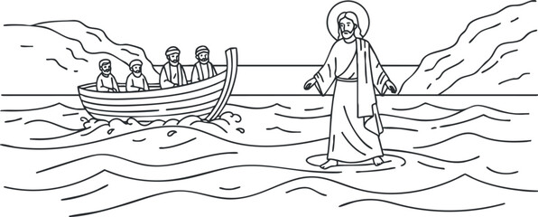 A depiction of Jesus walking on water towards a boat with disciples in outline vector style, perfect for religious illustrations