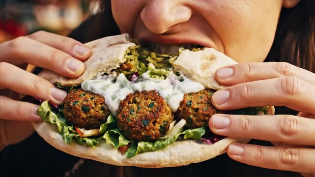 Close-up of a persons hands preparing and eating a delicious falafel wrap with fresh vegetables and sauce showcasing a healthy and satisfying meal experience.