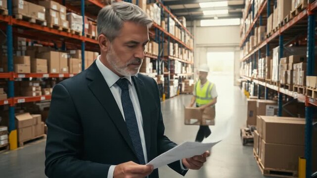 Business executive in suit reviewing documents in a warehouse with shelves of boxes and a worker in the background