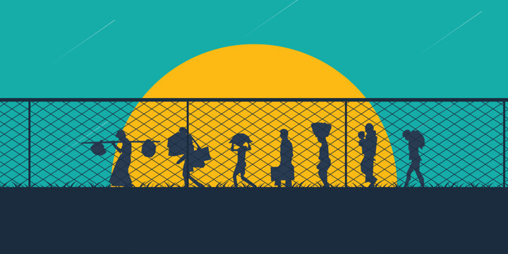 World refugee day. Refugee silhouette background template. A person forced to emigrate vector.