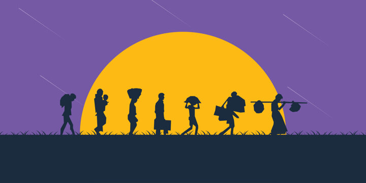 World refugee day. Refugee silhouette background template. A person forced to emigrate vector.
