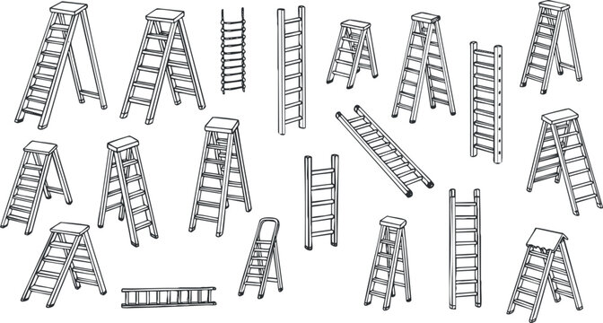 A collection of various ladder designs in black and white outline vector style, suitable for construction and home improvement projects