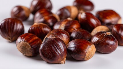 Obraz premium Close-up of fresh chestnuts on a white surface, perfect for culinary use