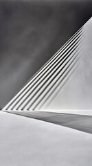 Abstract image of a minimalist interior with dramatic shadows and geometric patterns created by light and shadow.