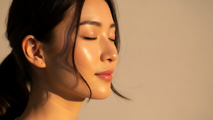A peaceful moment bathed in the soft, golden light of dawn, illuminating a serene profile with a luminous glow, evoking a sense of tranquility and natural beauty