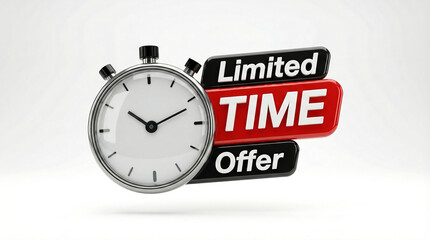 A realistic 3d render of a stopwatch next to a limited time offer sign isolated on transparent background