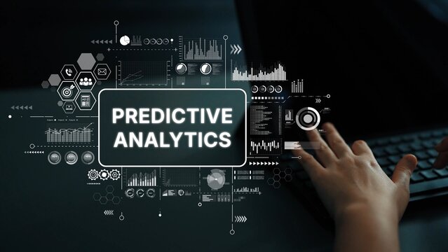Hands of a user interacting with digital interface displaying predictive analytics data and graphs on a dark background. Asymptotic smart data analytic.