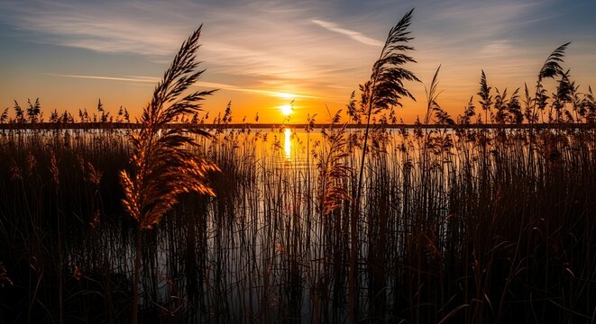 A serene waterscape captures a fiery sunset. Tall grasses in silhouette grace the foreground, and the sun reflects in the calm water