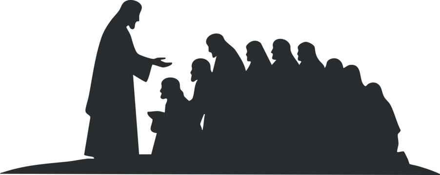 A silhouette of a religious leader teaching a group of followers in minimalist vector style, suitable for spiritual and educational themes