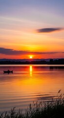 Fototapeta premium A serene waterscape features a boat with silhouettes, reflecting the vibrant sunset across the still water. Soft colors paint the sky