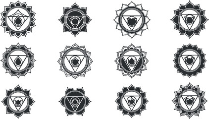 A collection of ten black and white chakra mandala illustrations in geometric vector style, ideal for wellness and spiritual projects