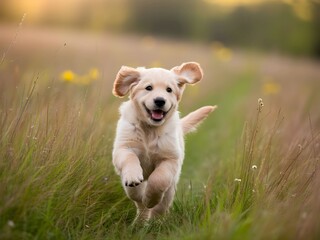 Obraz premium A Golden Retriever Puppy Dashes Happily Across a Lush Green Field of Grass