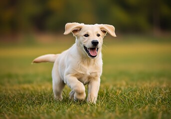 A Golden Retriever Puppy Dashes Happily Across a Lush Green Field of Grass