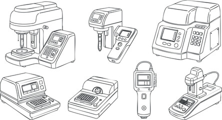 A collection of various technological machines and equipment in flat outline vector style, suitable for tech-related projects and presentations