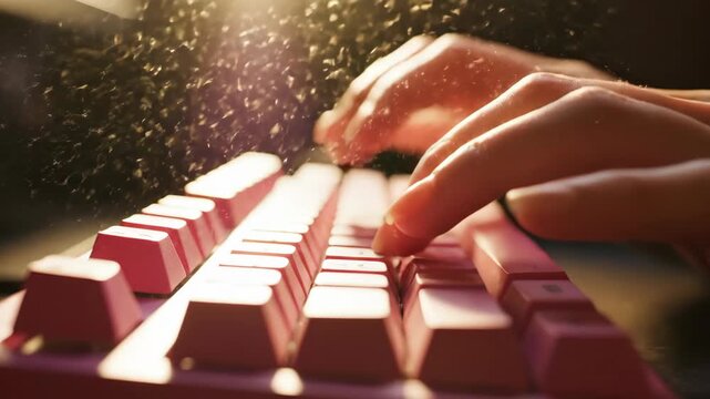 Macro Fingers Typing On Pink Keyboard With Dust Particles