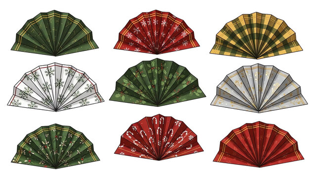Festive table napkins arranged in elegant fan shapes in various styles  