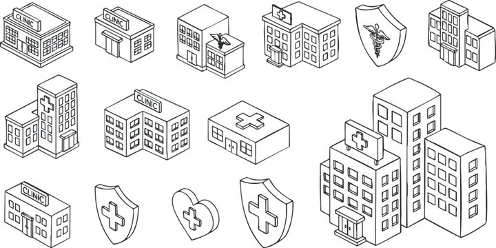 A collection of healthcare-related buildings and symbols in outline vector style, suitable for medical projects and presentations