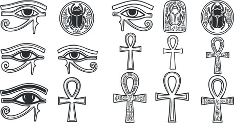 A collection of Egyptian symbols including the Eye of Horus, Ankh, and scarab beetle in black and white vector style, ideal for historical or cultural design projects