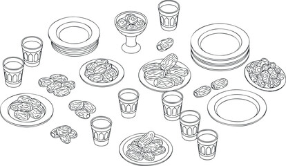 A collection of plates, glasses, and various snacks in outline vector style, ideal for catering and event planning