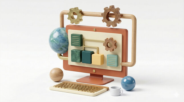 Creative wooden computer model with globe and gears representing technology and education isolated on transparent background