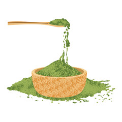 Pouring Matcha Powder with Scoop into Full Tea Bowl