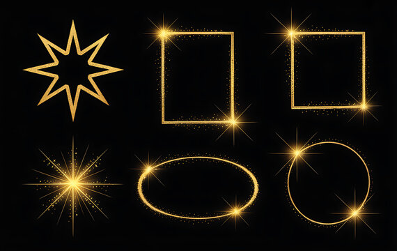 Collection of golden glittering frames and sparkle elements on a black background