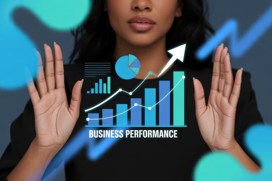 Dark skinned female hands presenting business performance graph chart data - Powered by Adobe