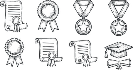 A collection of award ribbons, medals, and certificates in hand-drawn outline vector style, suitable for educational and recognition projects