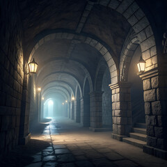 Fototapeta premium Ancient Stone Archway Corridor with Lantern Illumination